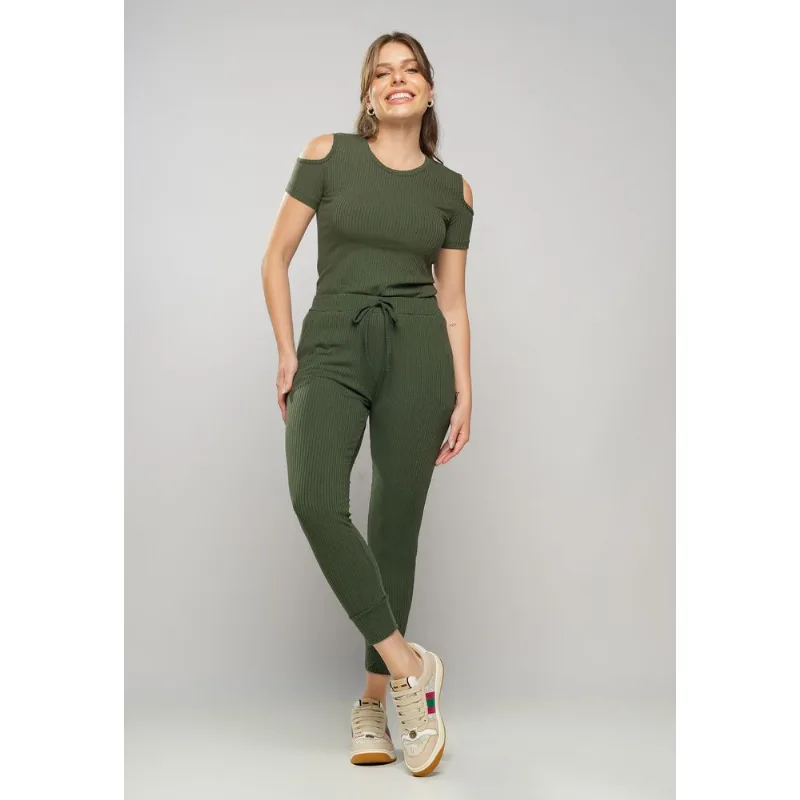 Conjunto Comfy Com Blusa Ombro Vazado e Jogger Canelada Verde Salvatore Tamanho P