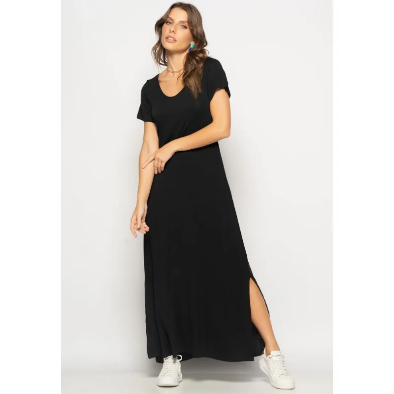 Vestido Longo Manga Curta Malha Preto Salvatore Tamanho P