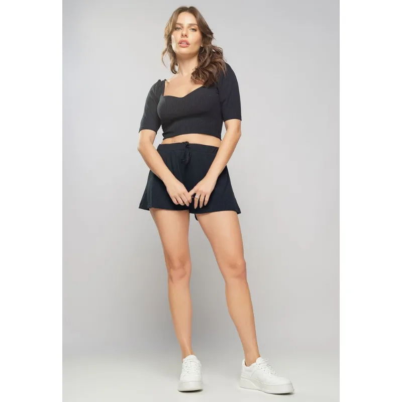 Conjunto Comfy Com Cropped Decote Coração e Short Canelado Preto Salvatore Tamanho G