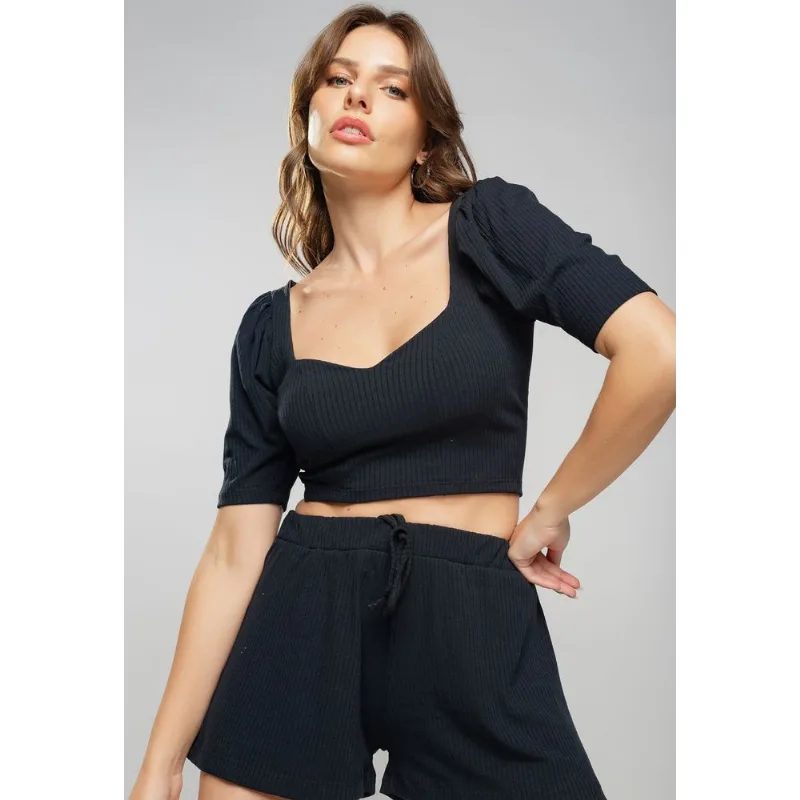 Cropped Princesa Decote Coração Malha Canelada Preto Salvatore Tamanho G