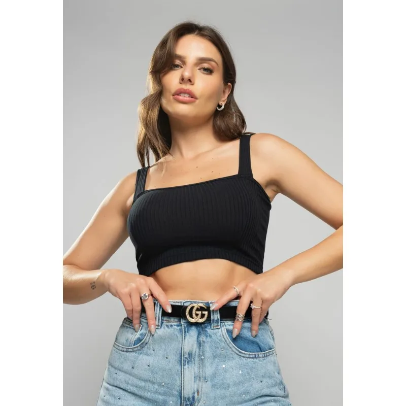 Cropped Top Faixa Comfy Malha Canelada Preto Salvatore Tamanho M