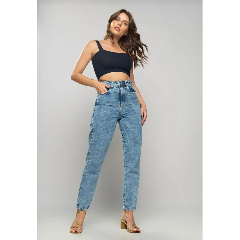 Cropped Top Faixa Comfy Malha Canelada Azul Salvatore Tamanho M