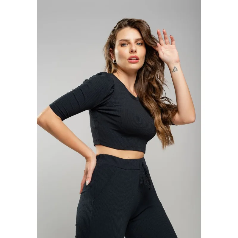 Cropped Princesa Gola Redonda Malha Canelada Preto Salvatore Tamanho G