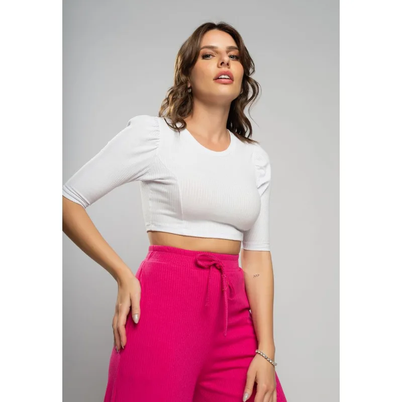 Cropped Princesa Gola Redonda Malha Canelada Branco Salvatore Tamanho P