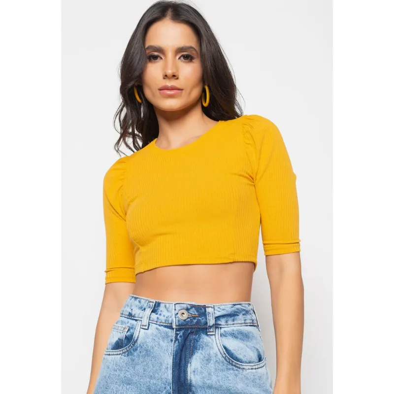 Cropped Princesa Gola Redonda Malha Canelada Mostarda Salvatore Tamanho P