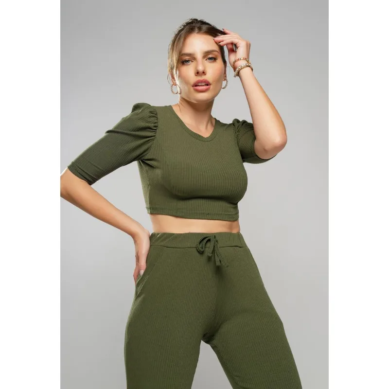 Cropped Princesa Gola Redonda Malha Canelada Verde Salvatore Tamanho P