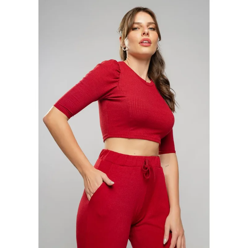 Cropped Princesa Gola Redonda Malha Canelada Vermelho Salvatore Tamanho M