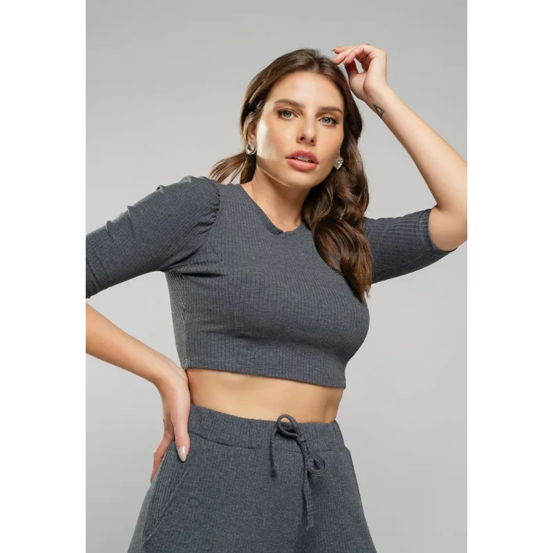 Cropped Princesa Gola Redonda Malha Canelada Grafite Salvatore Tamanho P