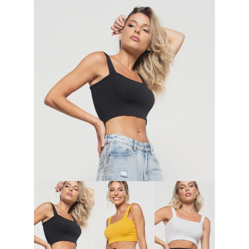 Kit 3 Croppeds Top Faixa Comfy Malha Canelada Preto, Branco e Mostarda Salvatore Tamanho M
