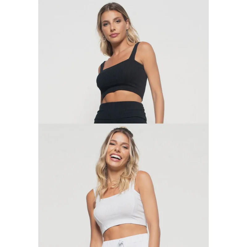 Kit 2 Croppeds Top Faixa Comfy Malha Canelada Preto e Branco Salvatore Tamanho G