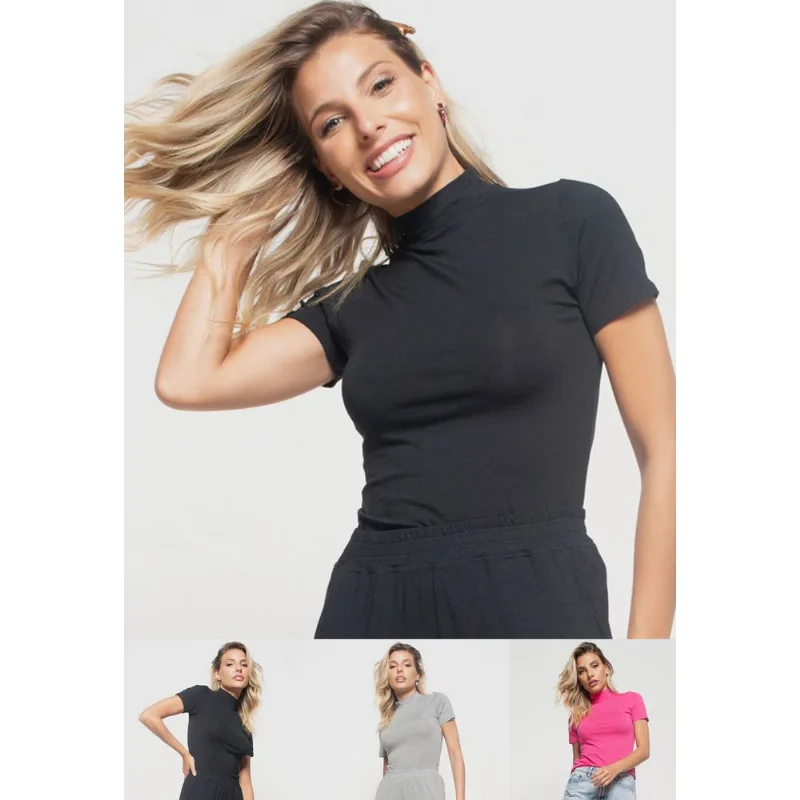 Kit 3 Blusas Gola Alta Comfy Malha Preta, Rosa e Mescla Salvatore Tamanho P