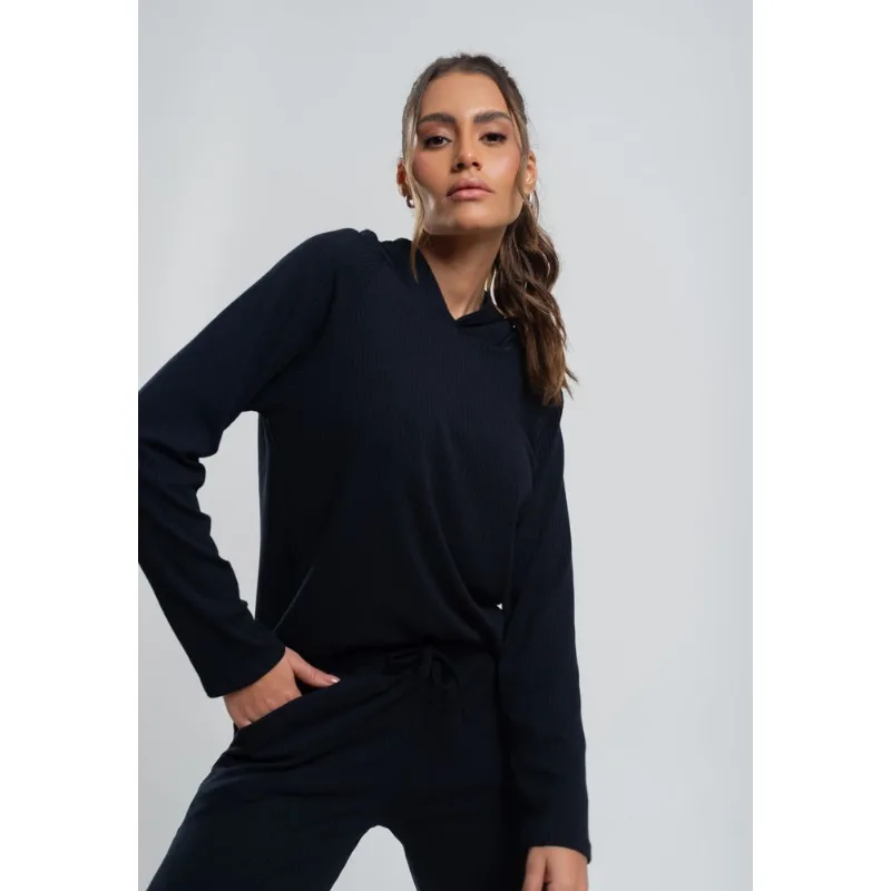 Casaco Comfy Malha Canelada Com Capuz Preto Salvatore Tamanho P