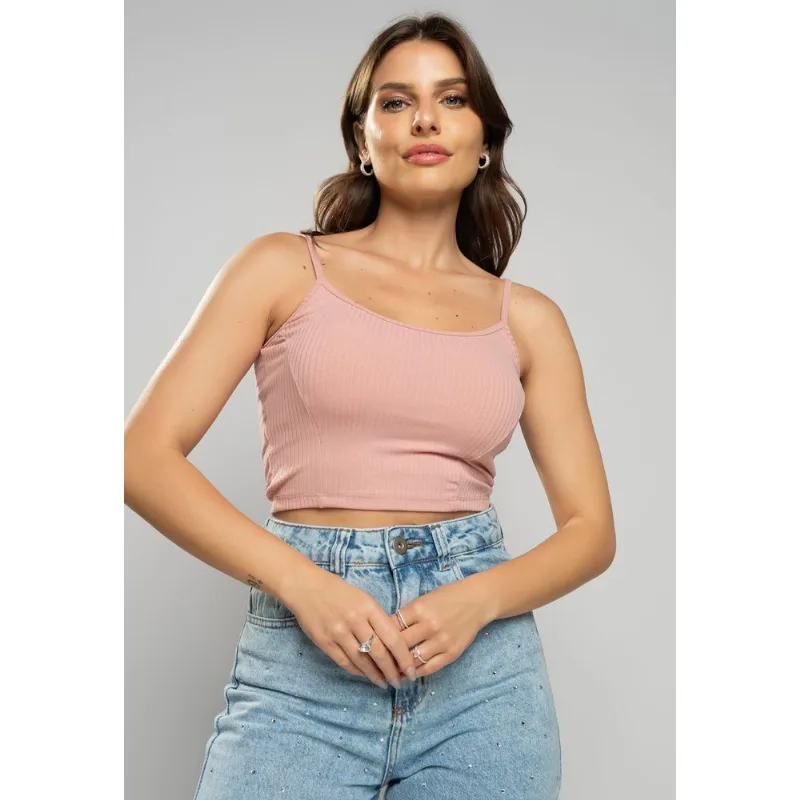 Cropped Alça Fina Canelado Rosa Claro Salvatore Tamanho P
