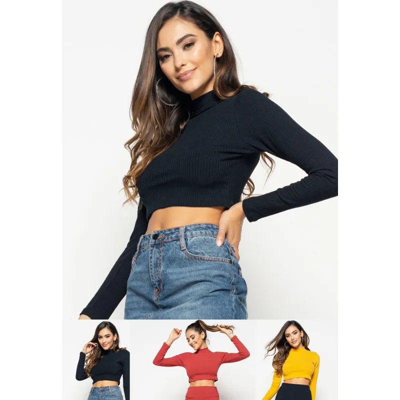 Kit 3 Croppeds Gola Alta M/L Malha Canelada Preta, Mostarda e Terracota Salvatore Tamanho G