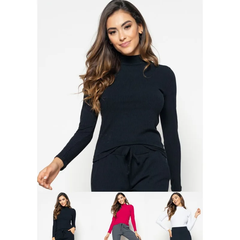 Kit 3 Blusas Gola Alta Manga Longa Malha Canelada Preta, Rosa e Branca Salvatore Tamanho G
