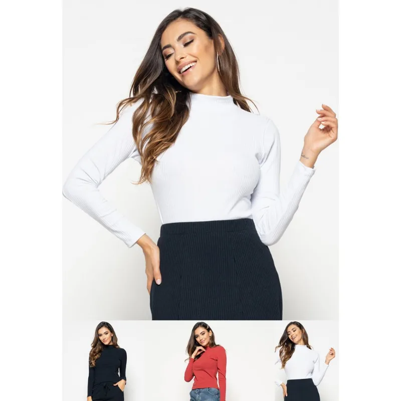 Kit 3 Blusas Gola Alta Manga Longa Malha Canelada Preta, Branca e Terracota Salvatore Tamanho M