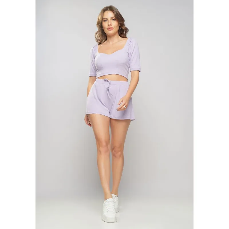 Conjunto Comfy Com Cropped Decote Coração e Short Canelado Lilás Salvatore Tamanho G