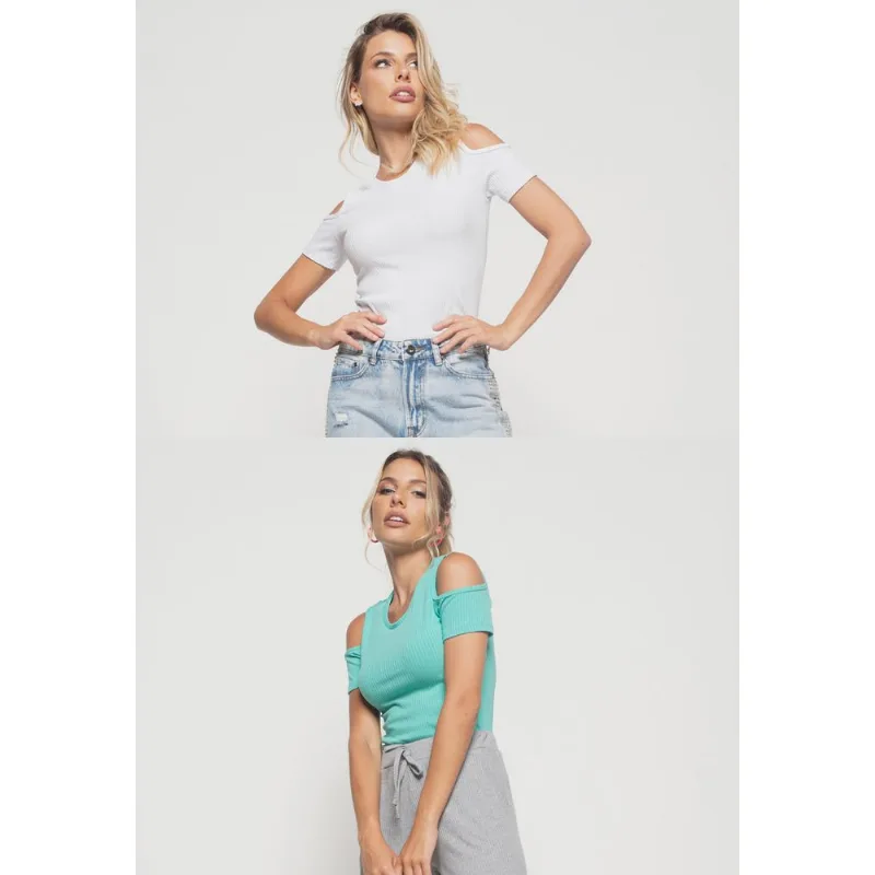Kit 2 Blusas Ombro Vazado Malha Canelada Branca e Verde Salvatore Tamanho M