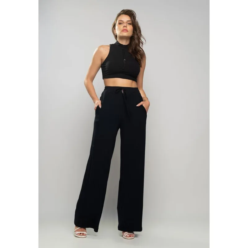 Calça Wide Leg Malha Canelada Preta Salvatore Tamanho P
