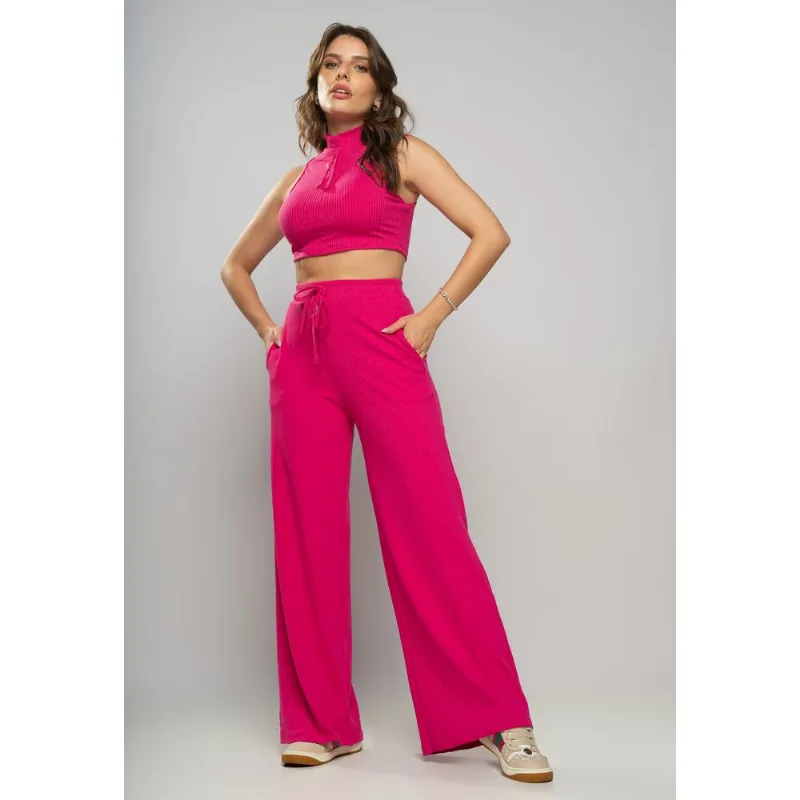 Calça Wide Leg Malha Canelada Pink Salvatore Tamanho P