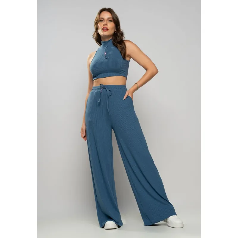 Calça Wide Leg Malha Canelada Azul Salvatore Tamanho M