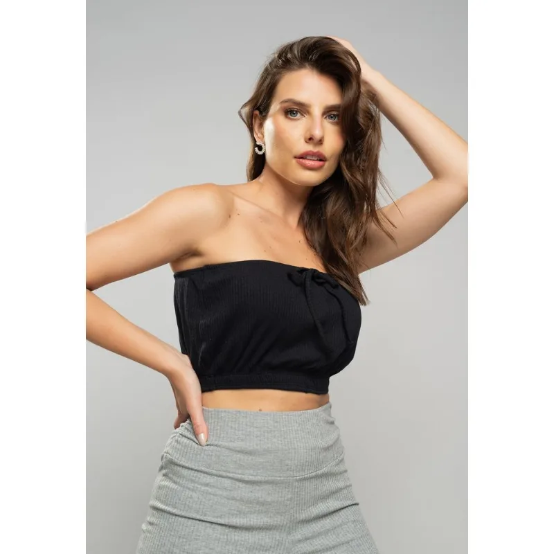Cropped Tomara Que Caia Malha Canelada Preto Salvatore Tamanho G