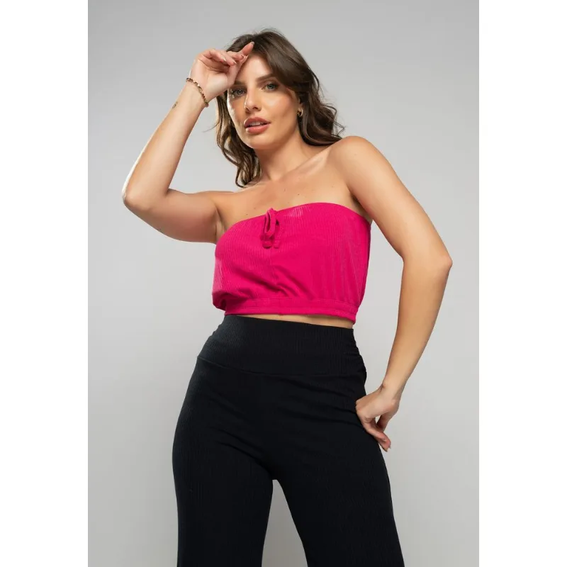 Cropped Tomara Que Caia Malha Canelada Rosa Salvatore Tamanho M