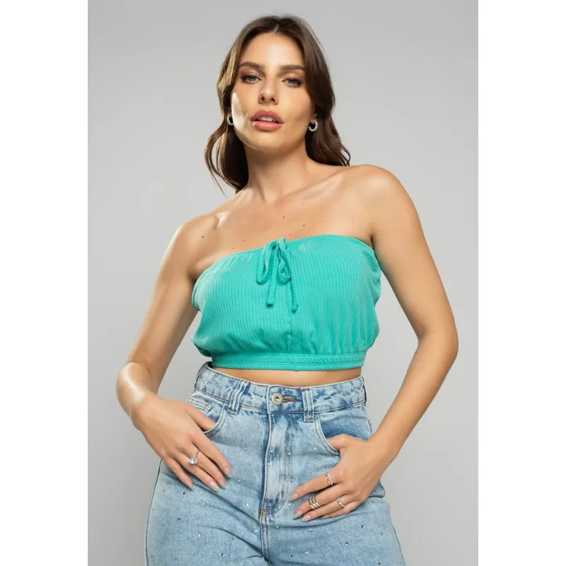 Cropped Tomara Que Caia Malha Canelada Verde Salvatore Tamanho P