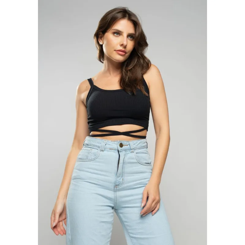 Cropped Regata Com Tiras Malha Canelada Preto Salvatore Tamanho G