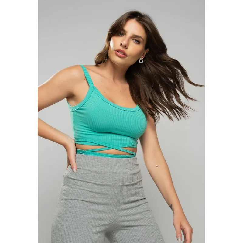 Cropped Regata Com Tiras Malha Canelada Verde Salvatore Tamanho G
