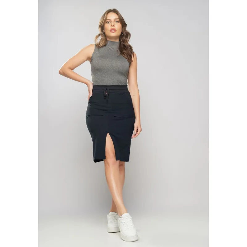 Saia Midi Com Bolso Malha Canelada Preta Salvatore Tamanho P