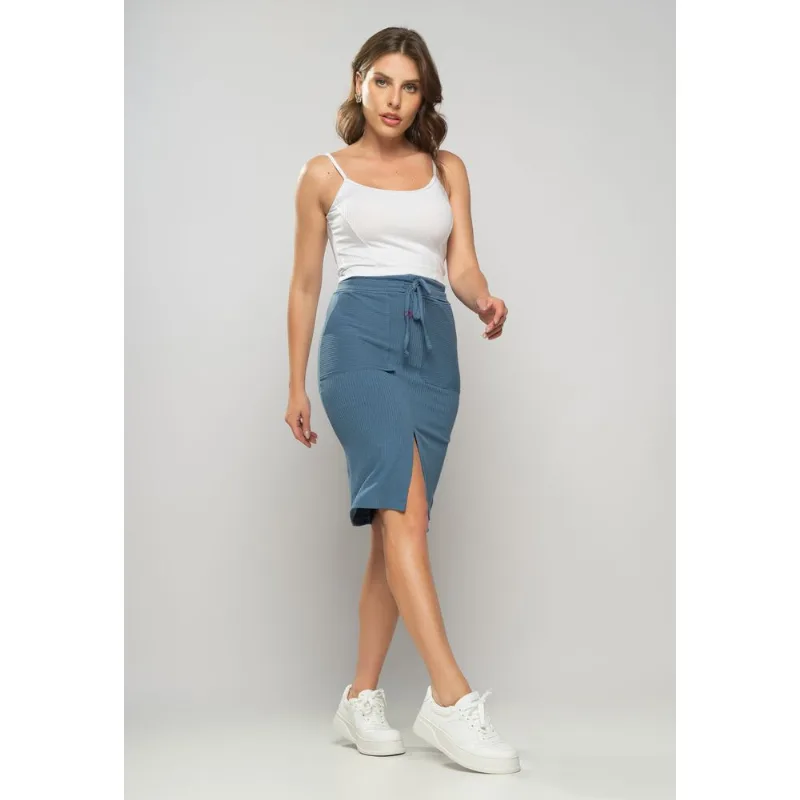 Saia Midi Com Bolso Malha Canelada Azul Salvatore Tamanho M