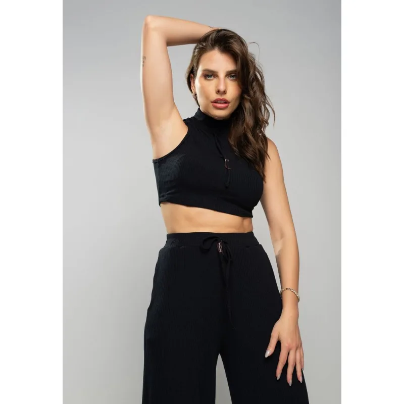 Cropped Regata Esportivo Cadarço Gola Malha Canelada Preto Salvatore Tamanho G