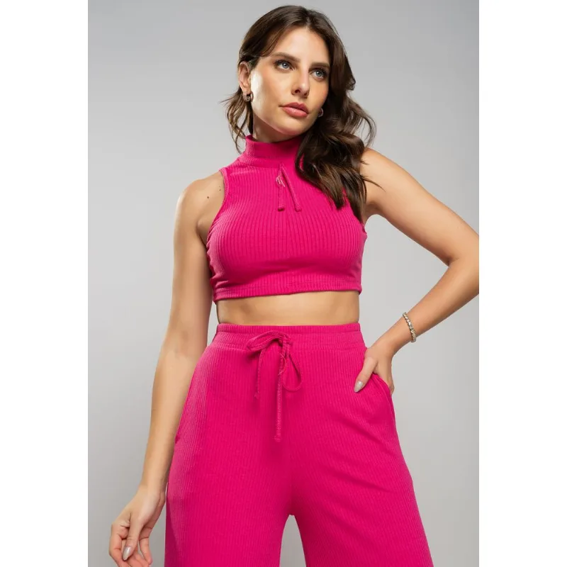 Cropped Regata Esportivo Cadarço Gola Malha Canelada Pink Salvatore Tamanho M