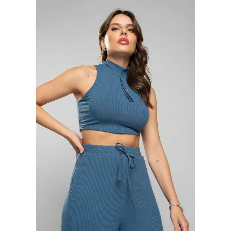 Cropped Regata Esportivo Cadarço Gola Malha Canelada Azul Salvatore Tamanho M