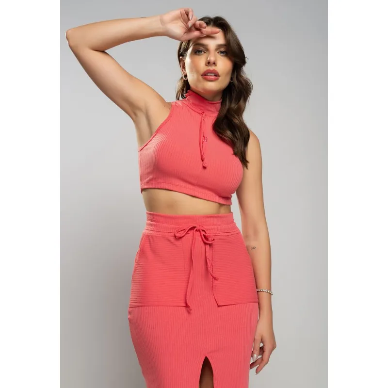 Cropped Regata Esportivo Cadarço Gola Malha Canelada Melancia Salvatore Tamanho M