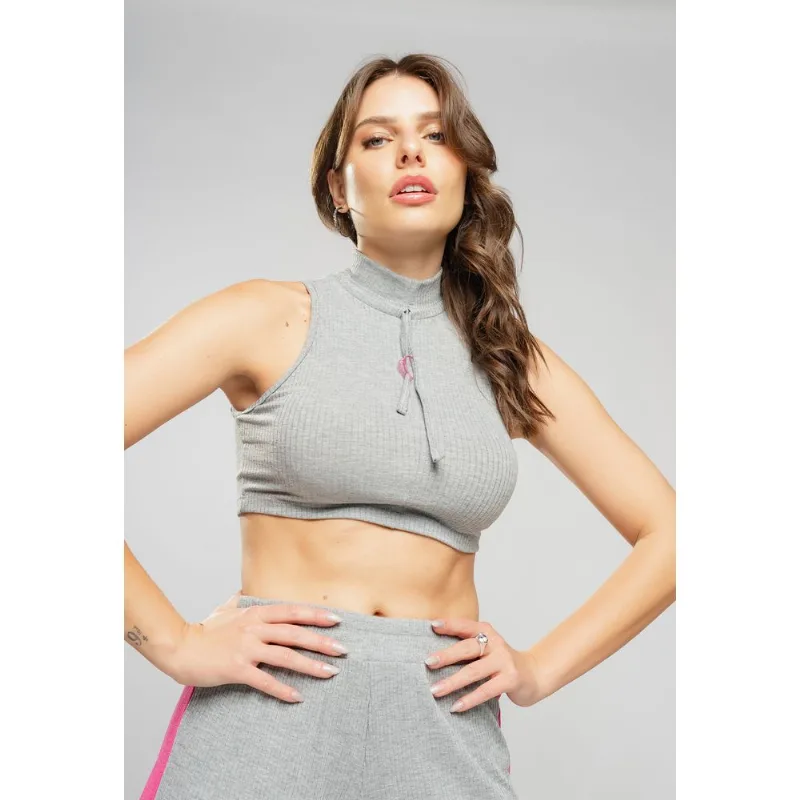 Cropped Regata Esportivo Cadarço Gola Malha Canelada Mescla Salvatore Tamanho P