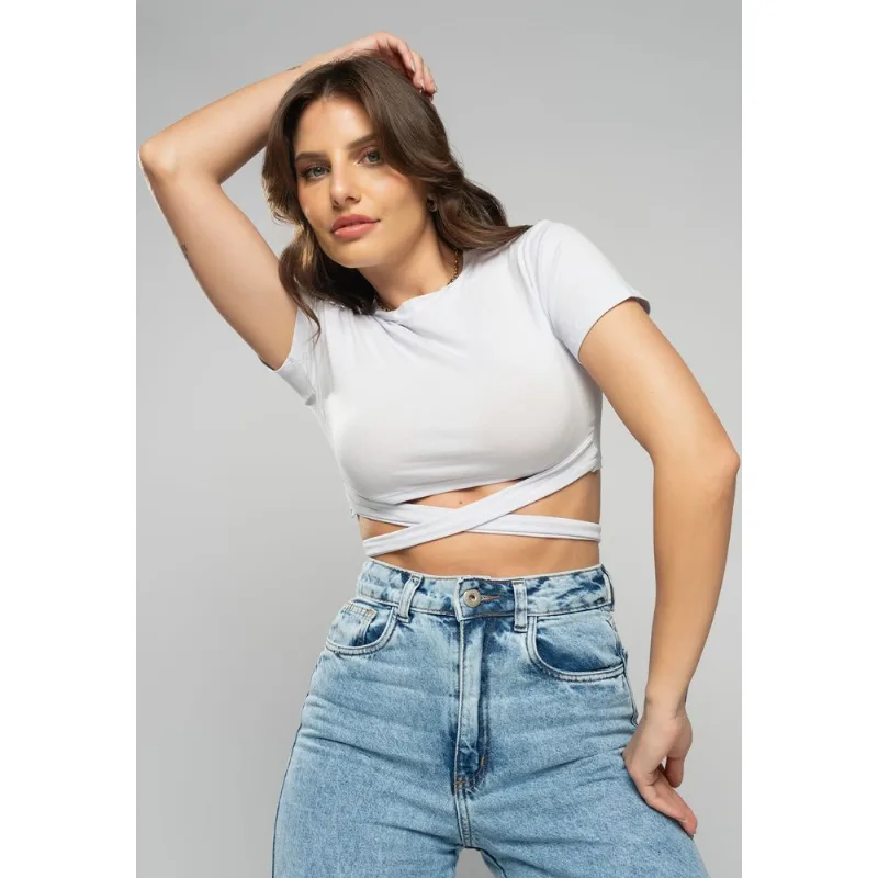 Cropped Manga Curta Com Tiras Malha Branco Salvatore Tamanho M