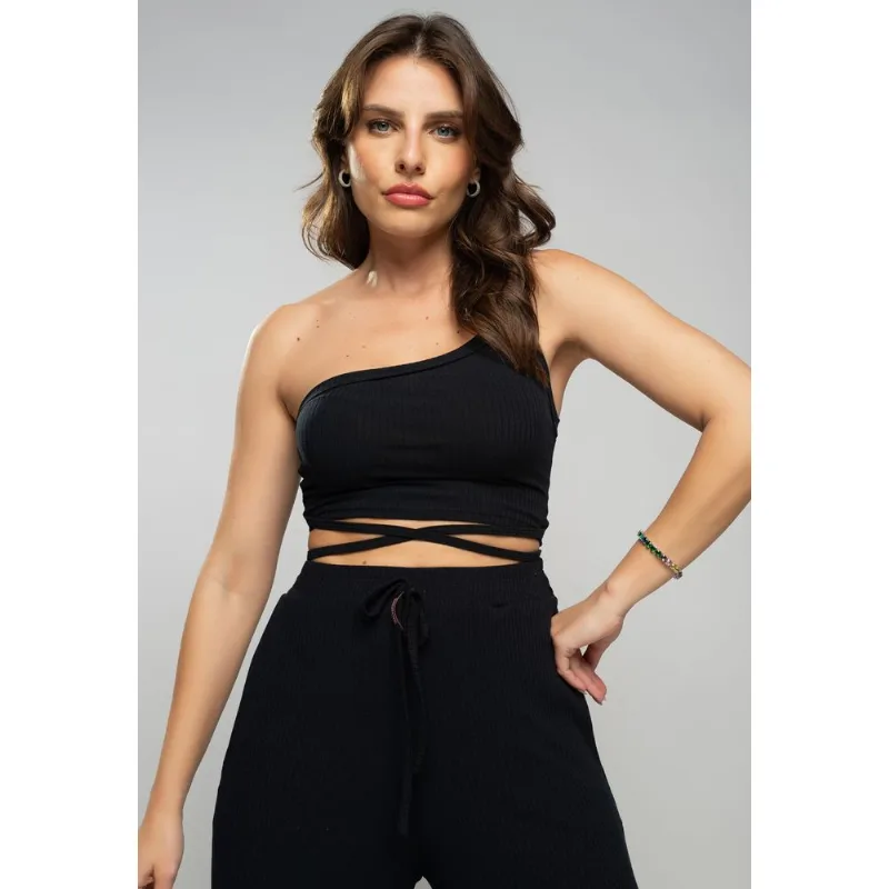 Cropped Ombro Único Com Tiras Malha Canelada Preto Salvatore Tamanho M