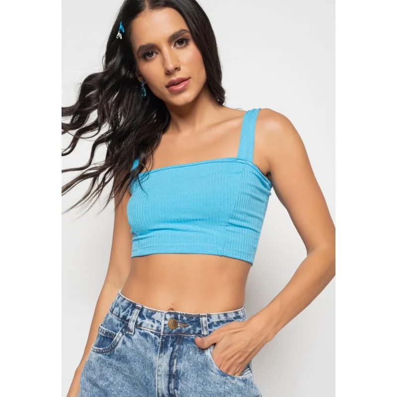 Cropped Top Faixa Comfy Malha Canelada Azul Claro Salvatore Tamanho P