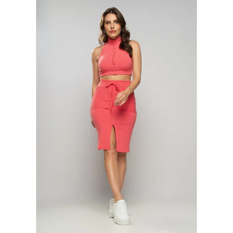 Saia Midi Com Bolso Malha Canelada Melancia Salvatore Tamanho P