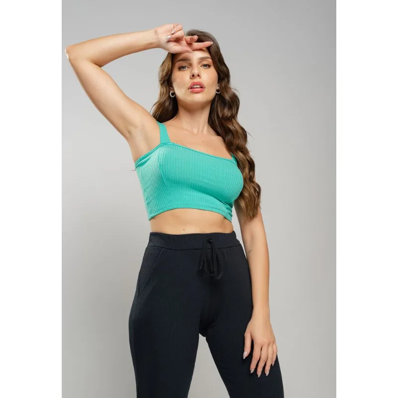 Cropped Top Faixa Comfy Malha Canelada Verde Claro Salvatore Tamanho G