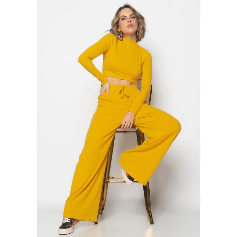Conjunto Comfy Cropped Manga Longa e Calça Wide Leg Canelado Mostarda Salvatore Tamanho P
