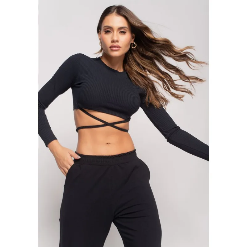 Cropped Gola Redonda Manga Longa Com Tiras Malha Canelada Preto Salvatore Tamanho P