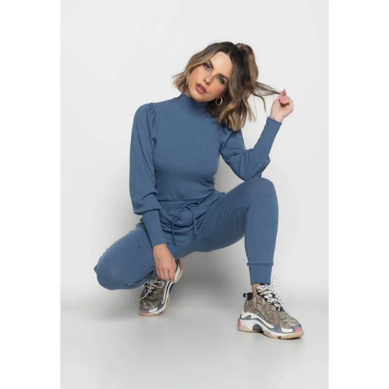 Conjunto Comfy Com Blusa Princesa M/L e Jogger Canelado Azul Jeans Salvatore Tamanho P
