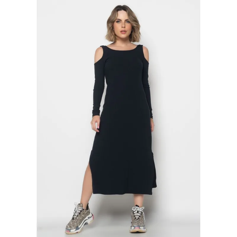 Vestido Midi Ombro Vazado Manga Longa Canelado Preto Salvatore Tamanho P