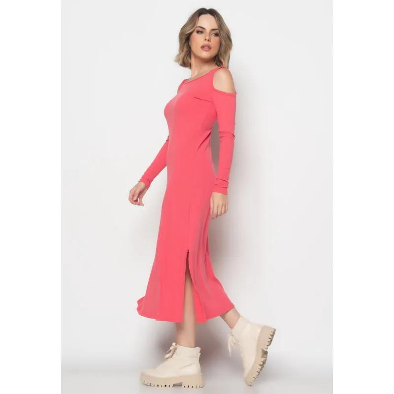 Vestido Midi Ombro Vazado Manga Longa Canelado Melancia Salvatore Tamanho M