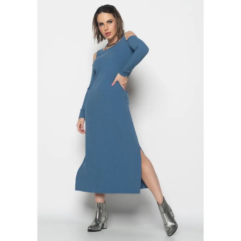 Vestido Midi Ombro Vazado Manga Longa Canelado Azul Jeans Salvatore Tamanho P