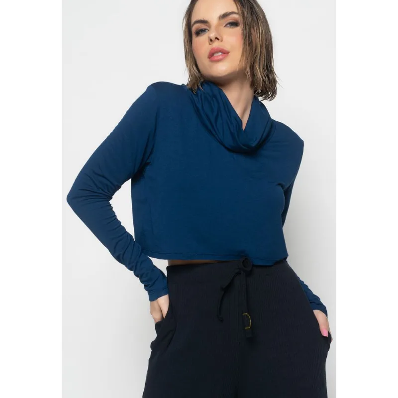 Cropped Golão Manga Longa Malha Azul Salvatore Tamanho G