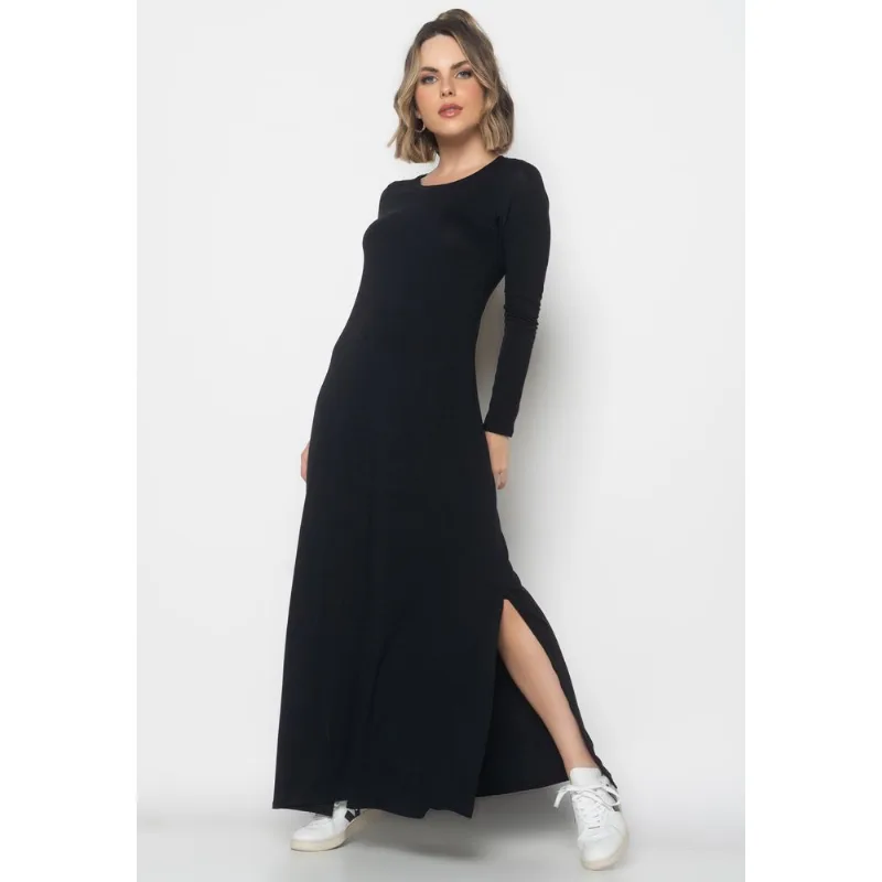 Vestido Longo Manga Longa Malha Preto Salvatore Tamanho M
